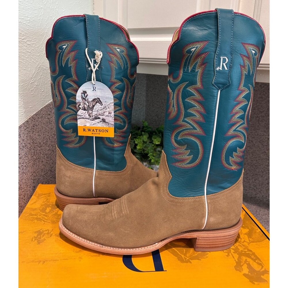 Mens 13D 13 R. Watson Mens Cowboy Boots Sand Roughout Marine Blue Leather 13"